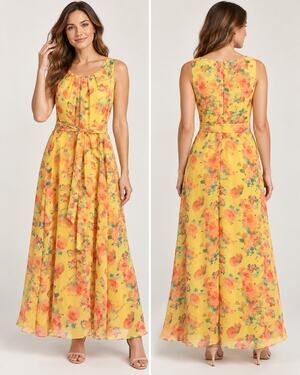 Chetta B Yellow Floral Maxi Dress Women’s Size 10 Sleeveless Belted